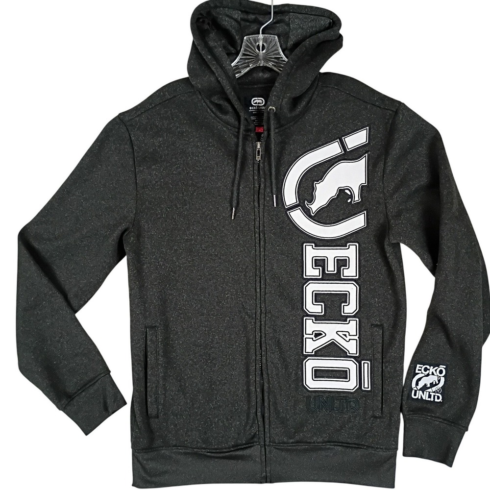 Ecko Unltd Y2K Textured Logo Full Zip Hoodie Men M Dark Charcoal Gray Streetwear